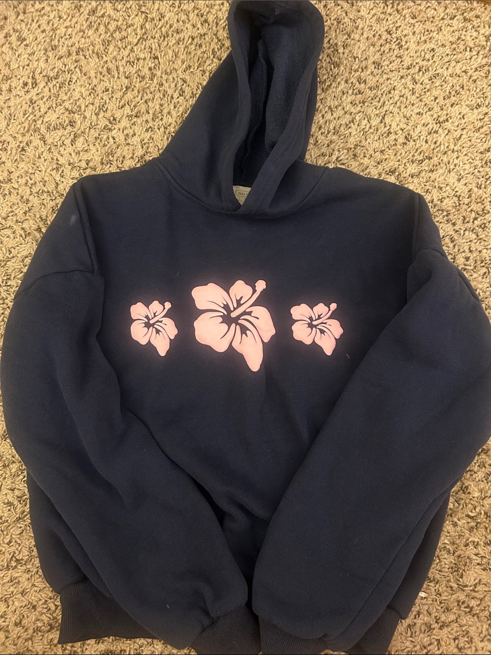 Full Tilt Navy Hoodie with Pink Hibiscus Flowers